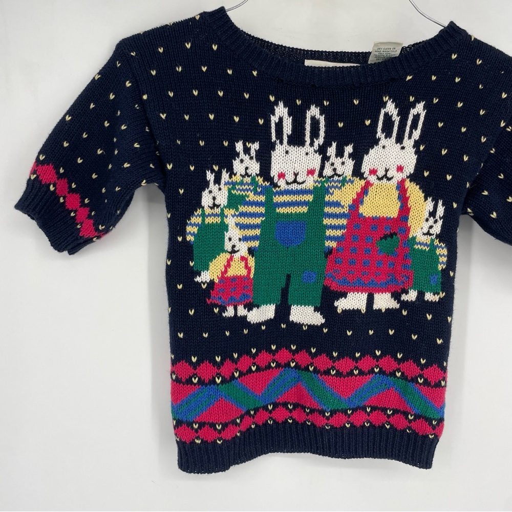 Vintage 90s Carroll Reed Girls 10 Bunny Rabbit Knit Sweater Short Sleeve Easter